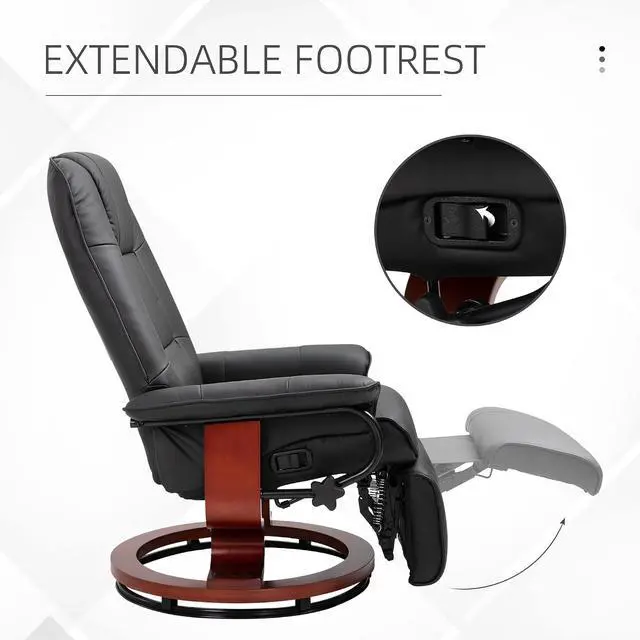 Alt view image 5 of 7 - Swivel Recliner Chair, PU Leather Reclining Armchair, Black | with Retractable Footrest, Wood Base, Adjustable High Back, for Small Spaces, Living Room, RV, Bedroom