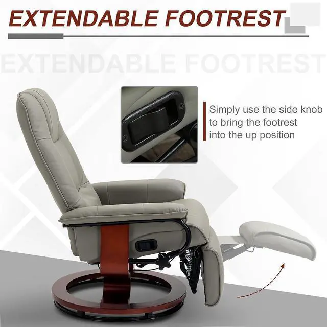 Alt view image 5 of 7 - Swivel Recliner Chair, PU Leather Reclining Armchair, Gray | with Retractable Footrest, Wood Base, Adjustable High Back, for Small Spaces, Living Room, RV, Bedroom