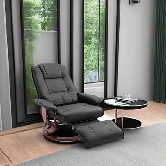 Alt view image 6 of 7 - Swivel Recliner Chair, PU Leather Reclining Armchair, Black | with Retractable Footrest, Wood Base, Adjustable High Back, for Small Spaces, Living Room, RV, Bedroom