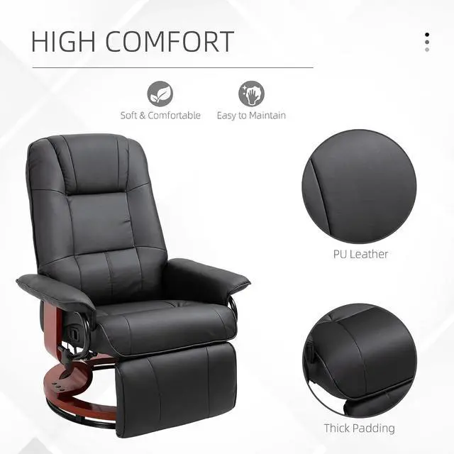 Alt view image 7 of 7 - Swivel Recliner Chair, PU Leather Reclining Armchair, Black | with Retractable Footrest, Wood Base, Adjustable High Back, for Small Spaces, Living Room, RV, Bedroom