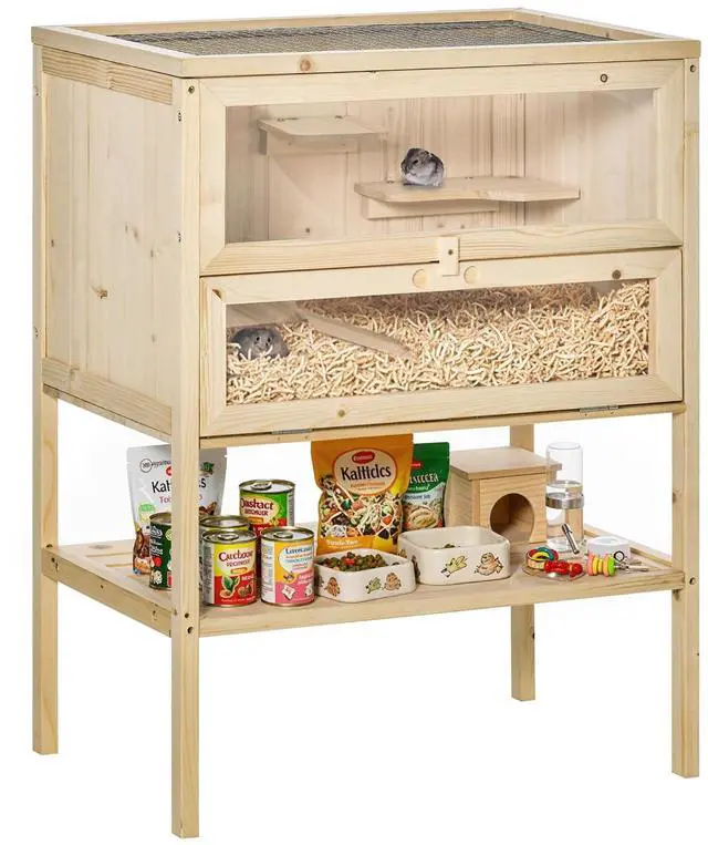 Main image of PawHut 3-Tier Wooden Hamster Cage Mice and Rat Cage Small Animals Hutch with Openable Top, Front Door, Storage Shelf, Natural Wood | Small Animals Hutch, Openable Top, Storage Shelf