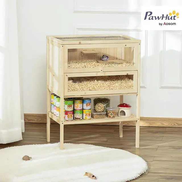 Alt view image 2 of 7 - PawHut 3-Tier Wooden Hamster Cage Mice and Rat Cage Small Animals Hutch with Openable Top, Front Door, Storage Shelf, Natural Wood | Small Animals Hutch, Openable Top, Storage Shelf
