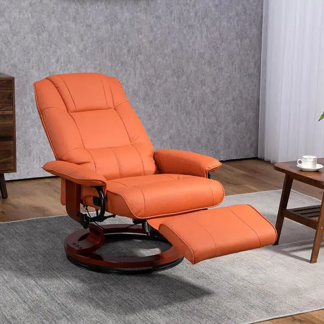 Alt view image 2 of 7 - Swivel Recliner Chair, Air Leather Reclining Armchair, Orange | with Retractable Footrest, Wood Base, Adjustable High Back, for Small Spaces, Living Room, RV, Bedroom