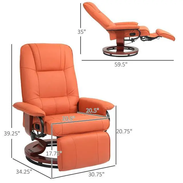 Alt view image 3 of 7 - Swivel Recliner Chair, Air Leather Reclining Armchair, Orange | with Retractable Footrest, Wood Base, Adjustable High Back, for Small Spaces, Living Room, RV, Bedroom