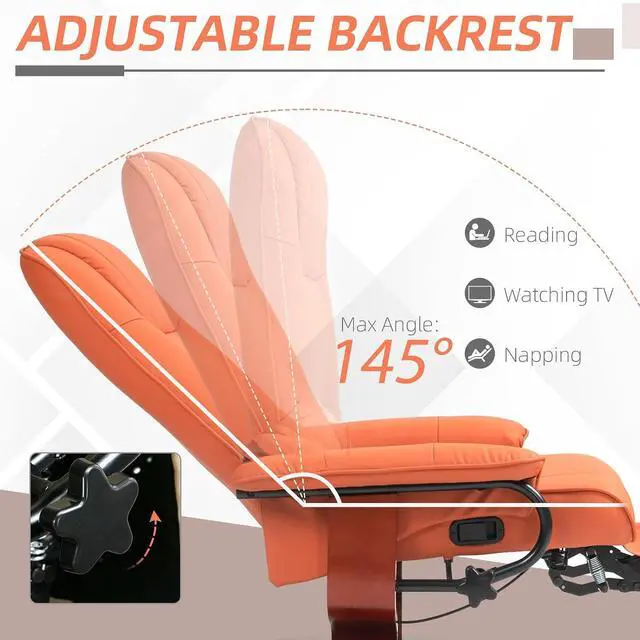 Alt view image 4 of 7 - Swivel Recliner Chair, Air Leather Reclining Armchair, Orange | with Retractable Footrest, Wood Base, Adjustable High Back, for Small Spaces, Living Room, RV, Bedroom
