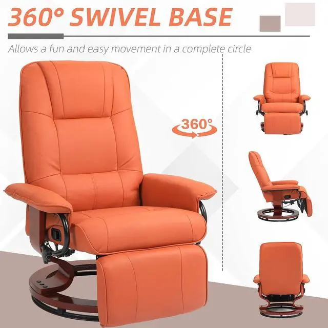 Alt view image 5 of 7 - Swivel Recliner Chair, Air Leather Reclining Armchair, Orange | with Retractable Footrest, Wood Base, Adjustable High Back, for Small Spaces, Living Room, RV, Bedroom