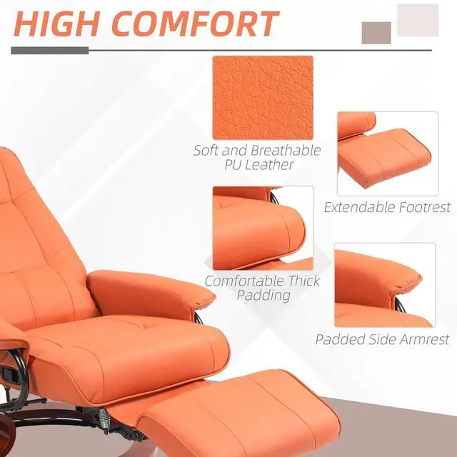 Alt view image 6 of 7 - Swivel Recliner Chair, Air Leather Reclining Armchair, Orange | with Retractable Footrest, Wood Base, Adjustable High Back, for Small Spaces, Living Room, RV, Bedroom