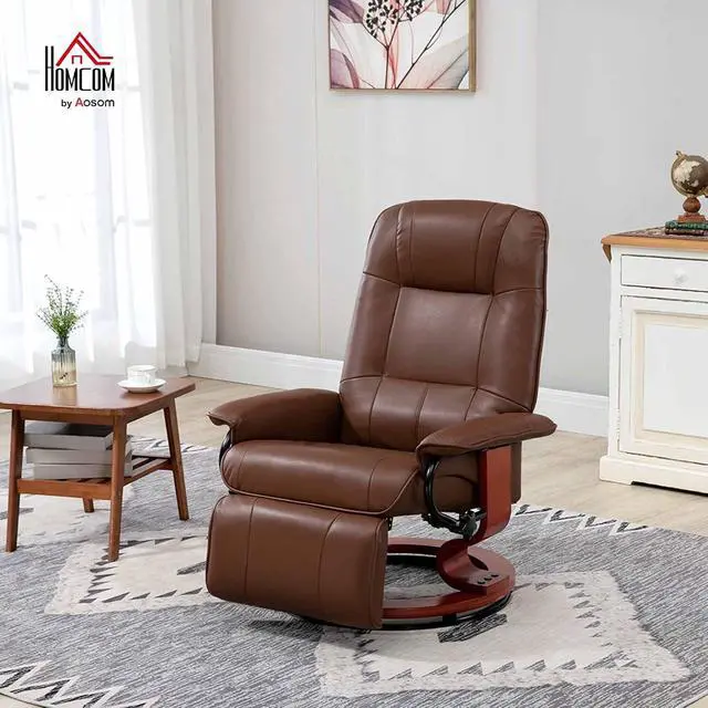Alt view image 2 of 7 - Swivel Recliner Chair, Air Leather Reclining Armchair, Brown | with Retractable Footrest, Wood Base, Adjustable High Back, for Small Spaces, Living Room, RV, Bedroom