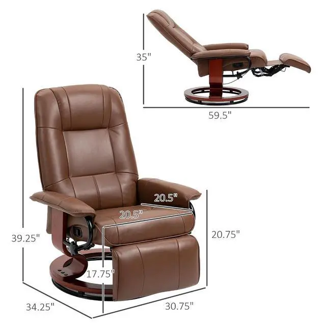Alt view image 3 of 7 - Swivel Recliner Chair, Air Leather Reclining Armchair, Brown | with Retractable Footrest, Wood Base, Adjustable High Back, for Small Spaces, Living Room, RV, Bedroom