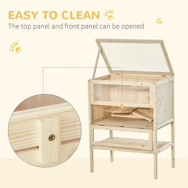 Alt view image 4 of 7 - PawHut 3-Tier Wooden Hamster Cage Mice and Rat Cage Small Animals Hutch with Openable Top, Front Door, Storage Shelf, Natural Wood | Small Animals Hutch, Openable Top, Storage Shelf