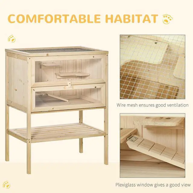 Alt view image 5 of 7 - PawHut 3-Tier Wooden Hamster Cage Mice and Rat Cage Small Animals Hutch with Openable Top, Front Door, Storage Shelf, Natural Wood | Small Animals Hutch, Openable Top, Storage Shelf