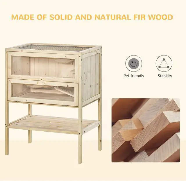Alt view image 6 of 7 - PawHut 3-Tier Wooden Hamster Cage Mice and Rat Cage Small Animals Hutch with Openable Top, Front Door, Storage Shelf, Natural Wood | Small Animals Hutch, Openable Top, Storage Shelf