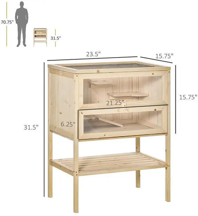 Alt view image 7 of 7 - PawHut 3-Tier Wooden Hamster Cage Mice and Rat Cage Small Animals Hutch with Openable Top, Front Door, Storage Shelf, Natural Wood | Small Animals Hutch, Openable Top, Storage Shelf
