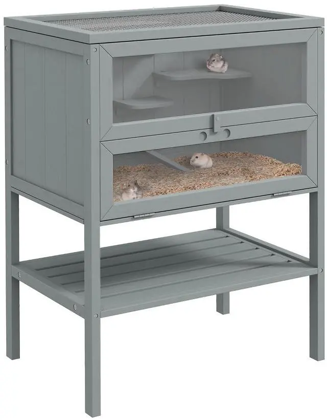 Main image of PawHut 3-Tier Wooden Hamster Cage Mice and Rat Cage Gray | Small Animals Hutch, Openable Top, Storage Shelf