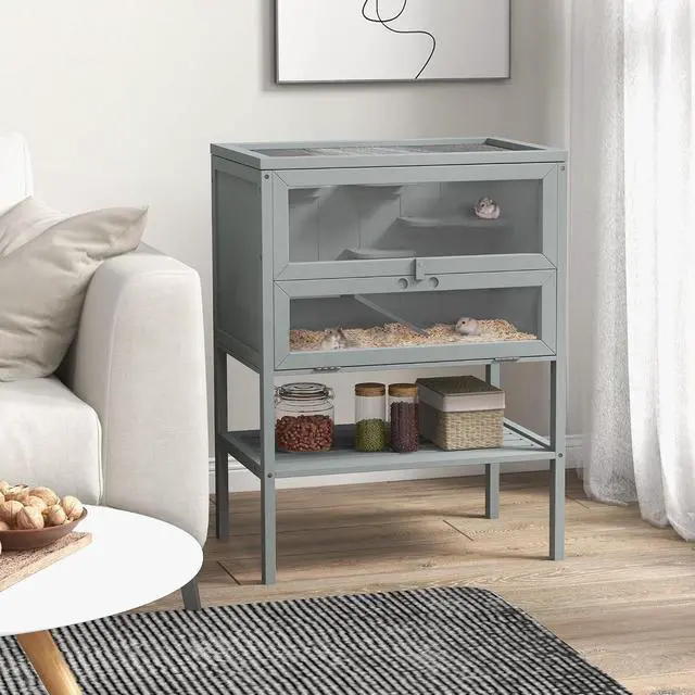 Alt view image 2 of 7 - PawHut 3-Tier Wooden Hamster Cage Mice and Rat Cage Gray | Small Animals Hutch, Openable Top, Storage Shelf
