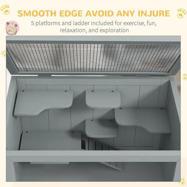 Alt view image 3 of 7 - PawHut 3-Tier Wooden Hamster Cage Mice and Rat Cage Gray | Small Animals Hutch, Openable Top, Storage Shelf