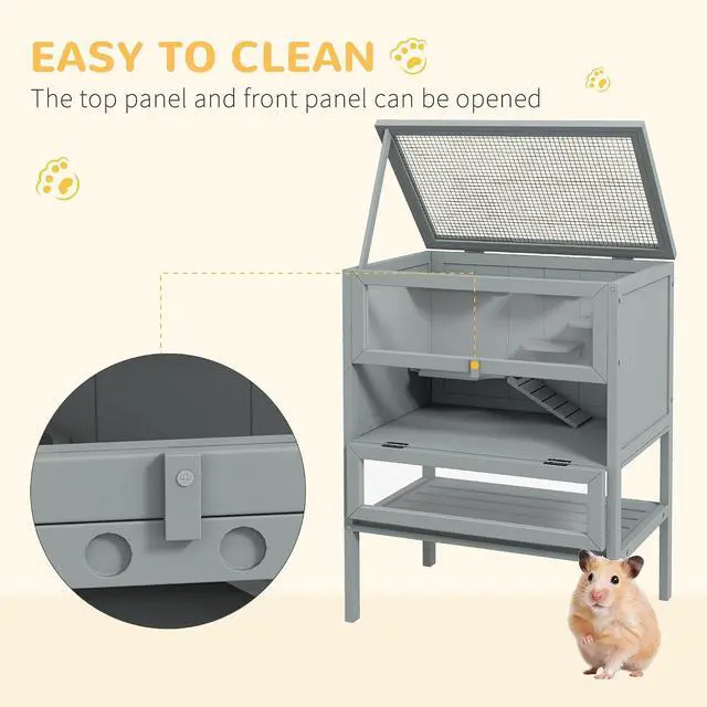 Alt view image 4 of 7 - PawHut 3-Tier Wooden Hamster Cage Mice and Rat Cage Gray | Small Animals Hutch, Openable Top, Storage Shelf