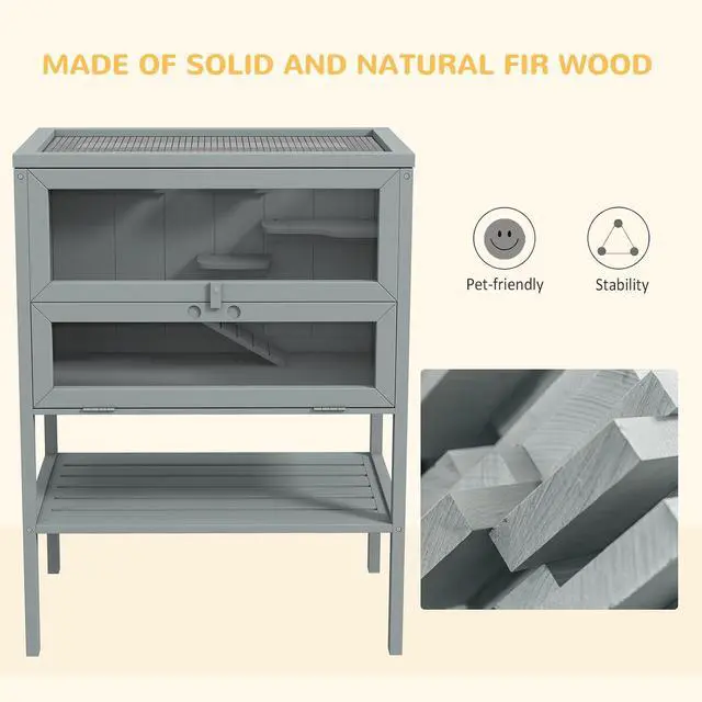 Alt view image 6 of 7 - PawHut 3-Tier Wooden Hamster Cage Mice and Rat Cage Gray | Small Animals Hutch, Openable Top, Storage Shelf