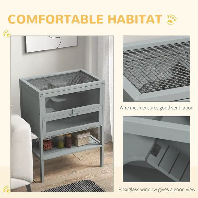 Alt view image 5 of 7 - PawHut 3-Tier Wooden Hamster Cage Mice and Rat Cage Gray | Small Animals Hutch, Openable Top, Storage Shelf