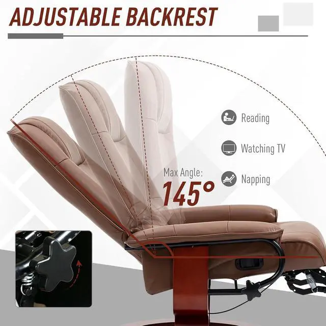 Alt view image 4 of 7 - Swivel Recliner Chair, Air Leather Reclining Armchair, Brown | with Retractable Footrest, Wood Base, Adjustable High Back, for Small Spaces, Living Room, RV, Bedroom