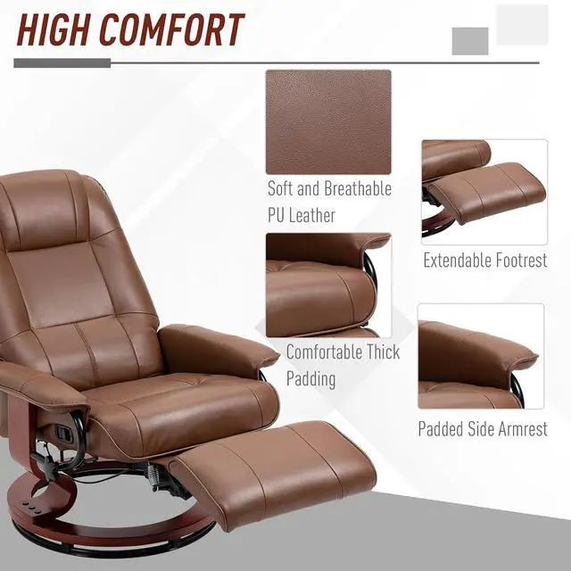 Alt view image 6 of 7 - Swivel Recliner Chair, Air Leather Reclining Armchair, Brown | with Retractable Footrest, Wood Base, Adjustable High Back, for Small Spaces, Living Room, RV, Bedroom