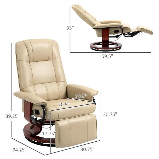 Alt view image 3 of 7 - Swivel Recliner Chair, Air Leather Reclining Armchair, Cream White | with Retractable Footrest, Wood Base, Adjustable High Back, for Small Spaces, Living Room, RV, Bedroom
