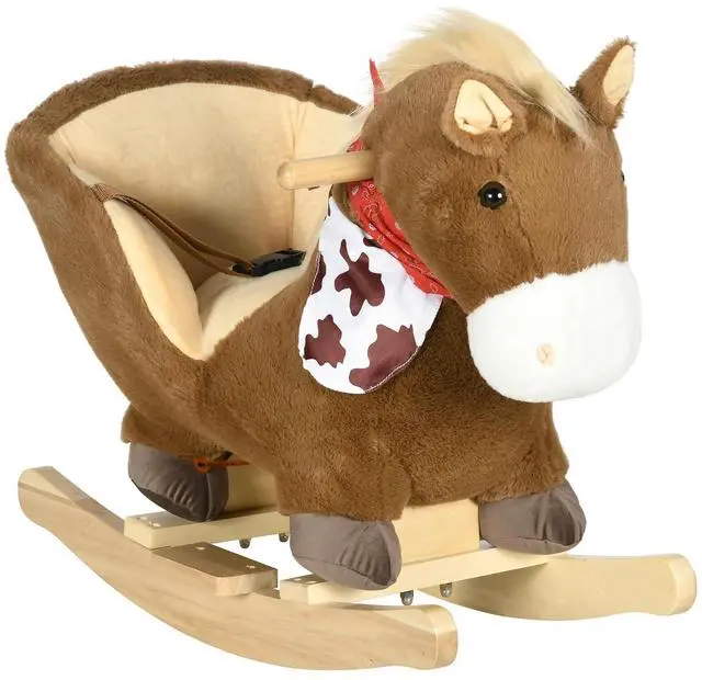Main image of Qaba Baby Rocking Horse with Realistic Sound for Ages 18-36 Months Brown | Riding Horse, Plush Animal Rocker, Pedals
