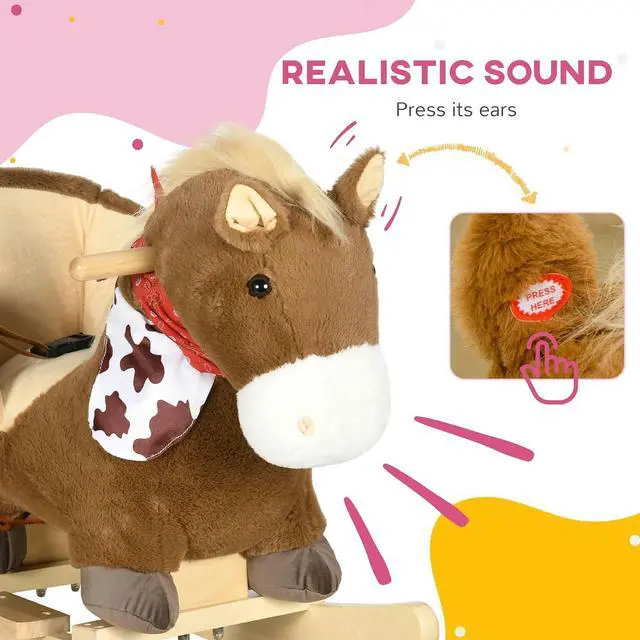 Alt view image 3 of 7 - Qaba Baby Rocking Horse with Realistic Sound for Ages 18-36 Months Brown | Riding Horse, Plush Animal Rocker, Pedals