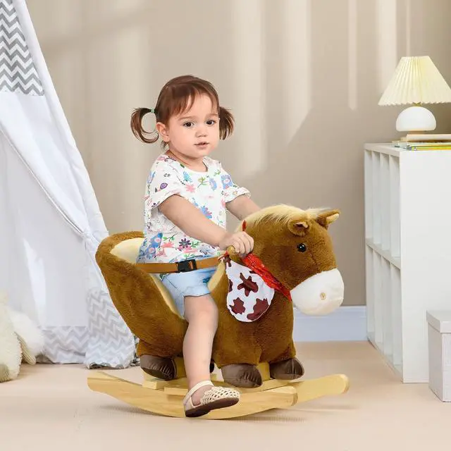 Alt view image 2 of 7 - Qaba Baby Rocking Horse with Realistic Sound for Ages 18-36 Months Brown | Riding Horse, Plush Animal Rocker, Pedals
