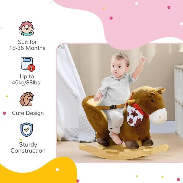 Alt view image 4 of 7 - Qaba Baby Rocking Horse with Realistic Sound for Ages 18-36 Months Brown | Riding Horse, Plush Animal Rocker, Pedals