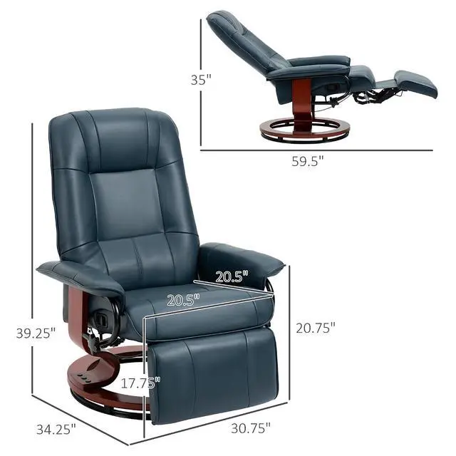 Alt view image 3 of 7 - Swivel Recliner Chair, Air Leather Reclining Armchair, Blue | with Retractable Footrest, Wood Base, Adjustable High Back, for Small Spaces, Living Room, RV, Bedroom