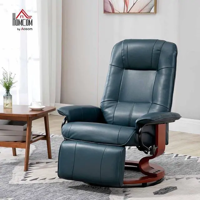 Alt view image 2 of 7 - Swivel Recliner Chair, Air Leather Reclining Armchair, Blue | with Retractable Footrest, Wood Base, Adjustable High Back, for Small Spaces, Living Room, RV, Bedroom