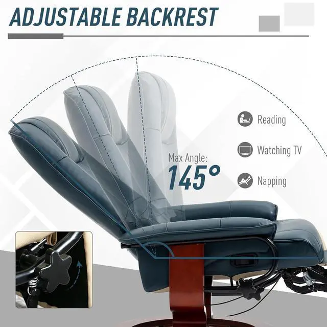Alt view image 4 of 7 - Swivel Recliner Chair, Air Leather Reclining Armchair, Blue | with Retractable Footrest, Wood Base, Adjustable High Back, for Small Spaces, Living Room, RV, Bedroom