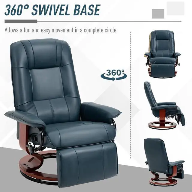 Alt view image 5 of 7 - Swivel Recliner Chair, Air Leather Reclining Armchair, Blue | with Retractable Footrest, Wood Base, Adjustable High Back, for Small Spaces, Living Room, RV, Bedroom