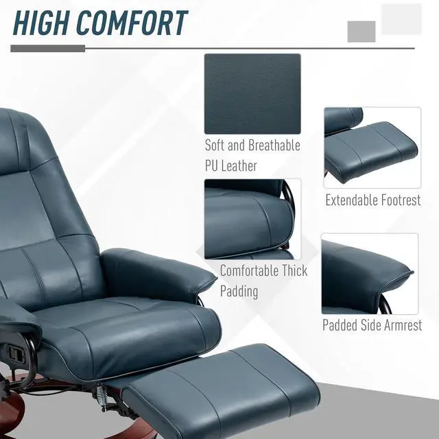 Alt view image 6 of 7 - Swivel Recliner Chair, Air Leather Reclining Armchair, Blue | with Retractable Footrest, Wood Base, Adjustable High Back, for Small Spaces, Living Room, RV, Bedroom