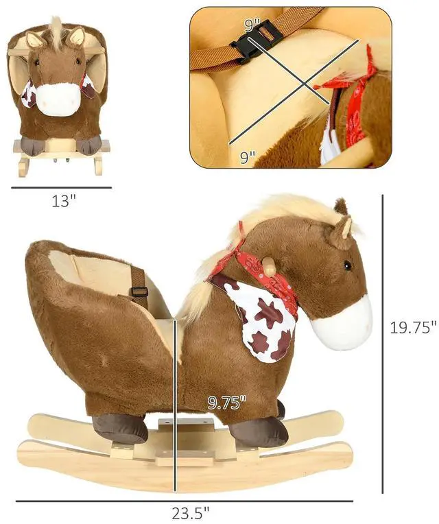 Alt view image 7 of 7 - Qaba Baby Rocking Horse with Realistic Sound for Ages 18-36 Months Brown | Riding Horse, Plush Animal Rocker, Pedals
