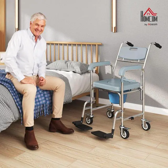 Alt view image 2 of 7 - Shower Chair with Wheels 4 in 1 for Seniors Adults Injured Gray | Bedside Commode Wheelchair, Seat Backrest Arms, Shower Commode Chair, for Disabled