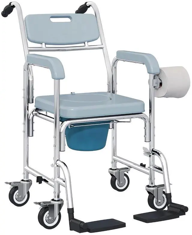 Main image of Shower Chair with Wheels 4 in 1 for Seniors Adults Injured Gray | Bedside Commode Wheelchair, Seat Backrest Arms, Shower Commode Chair, for Disabled