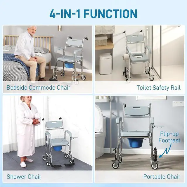 Alt view image 3 of 7 - Shower Chair with Wheels 4 in 1 for Seniors Adults Injured Gray | Bedside Commode Wheelchair, Seat Backrest Arms, Shower Commode Chair, for Disabled