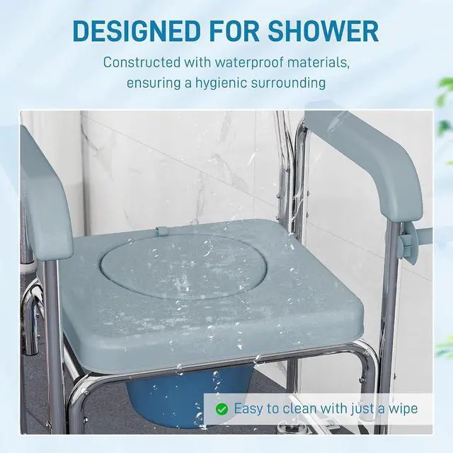 Alt view image 4 of 7 - Shower Chair with Wheels 4 in 1 for Seniors Adults Injured Gray | Bedside Commode Wheelchair, Seat Backrest Arms, Shower Commode Chair, for Disabled