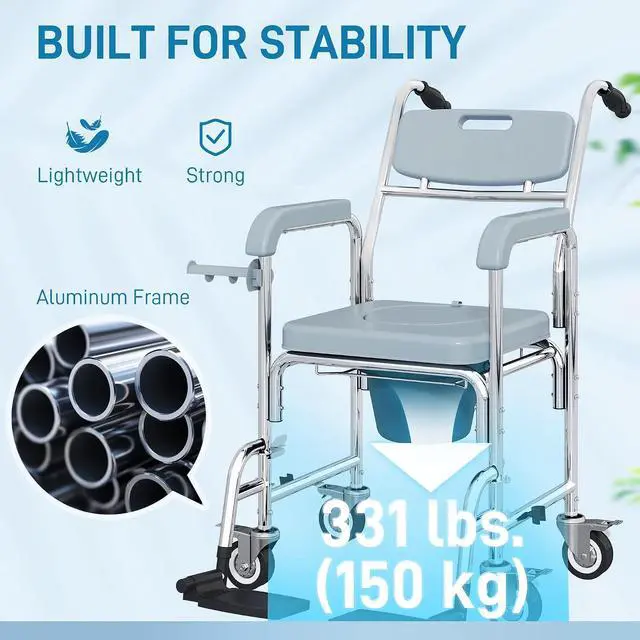 Alt view image 5 of 7 - Shower Chair with Wheels 4 in 1 for Seniors Adults Injured Gray | Bedside Commode Wheelchair, Seat Backrest Arms, Shower Commode Chair, for Disabled