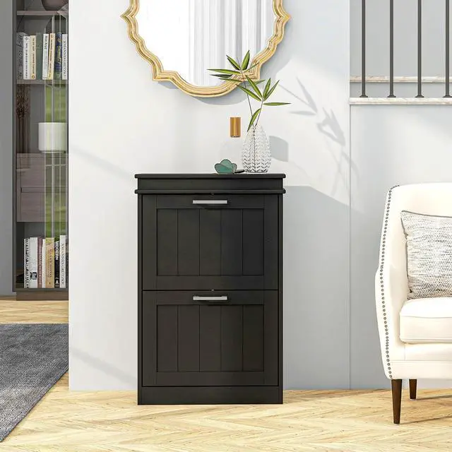 Alt view image 2 of 7 - Narrow Shoe Cabinet with 2 Flip Drawers, Modern, for Entryway, Black | Freestanding Small Shoe Storage Cabinet, Adjustable Shelves, Hallway