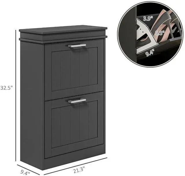 Alt view image 3 of 7 - Narrow Shoe Cabinet with 2 Flip Drawers, Modern, for Entryway, Black | Freestanding Small Shoe Storage Cabinet, Adjustable Shelves, Hallway