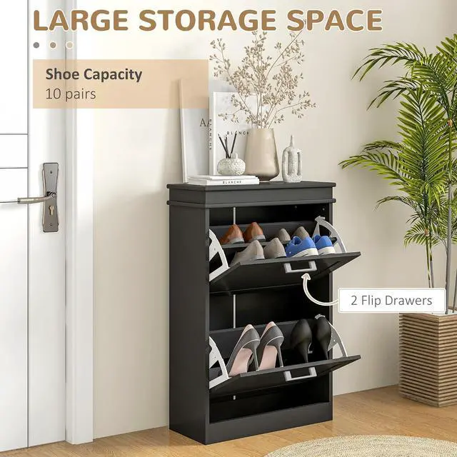 Alt view image 4 of 7 - Narrow Shoe Cabinet with 2 Flip Drawers, Modern, for Entryway, Black | Freestanding Small Shoe Storage Cabinet, Adjustable Shelves, Hallway