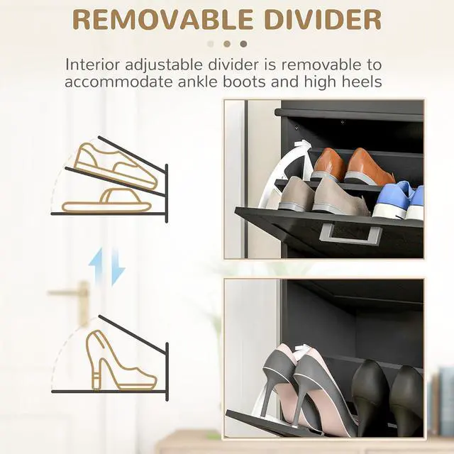 Alt view image 6 of 7 - Narrow Shoe Cabinet with 2 Flip Drawers, Modern, for Entryway, Black | Freestanding Small Shoe Storage Cabinet, Adjustable Shelves, Hallway