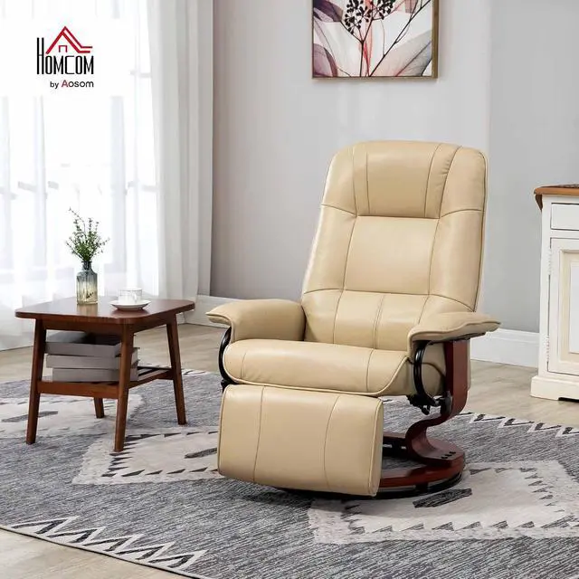Alt view image 2 of 7 - Swivel Recliner Chair, Air Leather Reclining Armchair, Cream White | with Retractable Footrest, Wood Base, Adjustable High Back, for Small Spaces, Living Room, RV, Bedroom