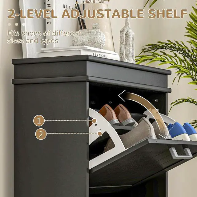Alt view image 5 of 7 - Narrow Shoe Cabinet with 2 Flip Drawers, Modern, for Entryway, Black | Freestanding Small Shoe Storage Cabinet, Adjustable Shelves, Hallway