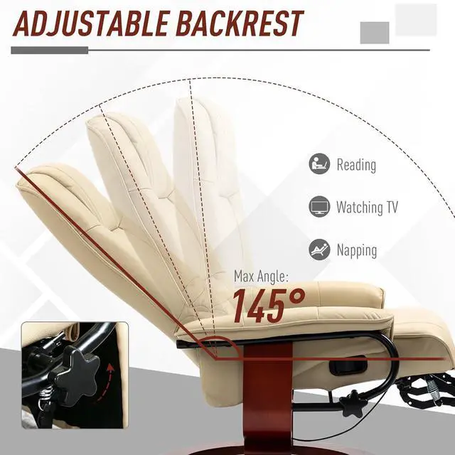 Alt view image 4 of 7 - Swivel Recliner Chair, Air Leather Reclining Armchair, Cream White | with Retractable Footrest, Wood Base, Adjustable High Back, for Small Spaces, Living Room, RV, Bedroom