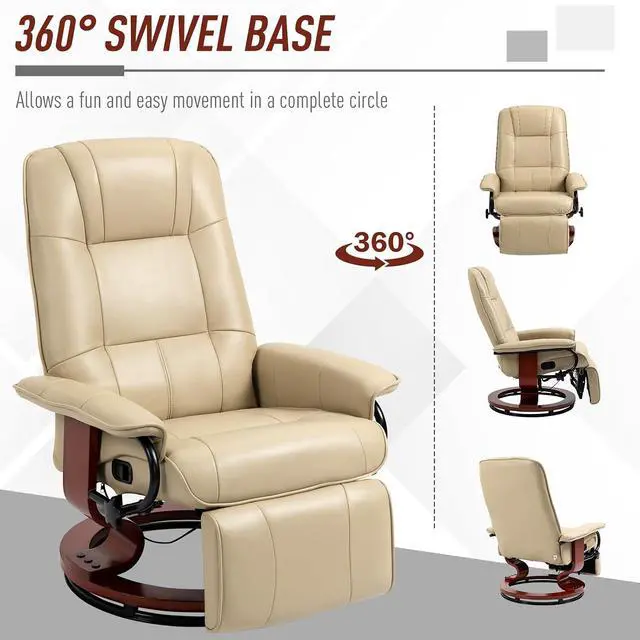 Alt view image 5 of 7 - Swivel Recliner Chair, Air Leather Reclining Armchair, Cream White | with Retractable Footrest, Wood Base, Adjustable High Back, for Small Spaces, Living Room, RV, Bedroom