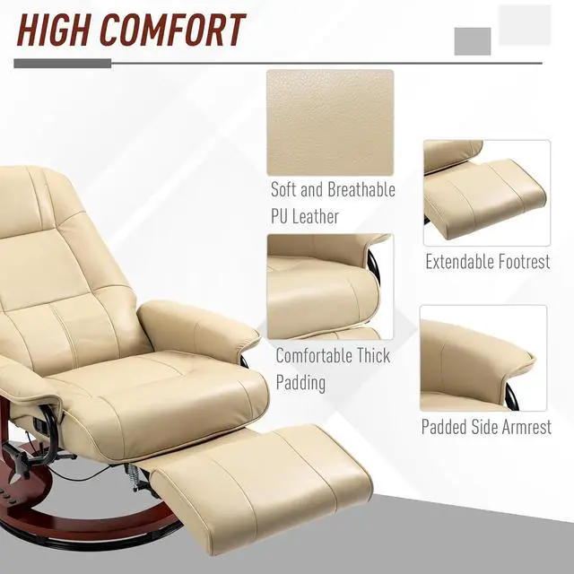 Alt view image 6 of 7 - Swivel Recliner Chair, Air Leather Reclining Armchair, Cream White | with Retractable Footrest, Wood Base, Adjustable High Back, for Small Spaces, Living Room, RV, Bedroom